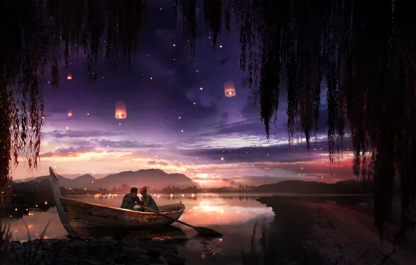 Picture the sky, water, nature, lake, boat, people, the evening