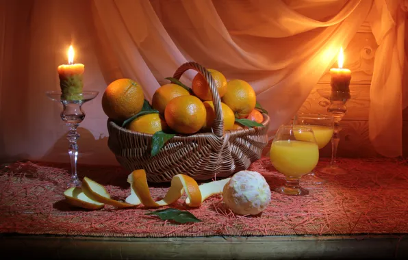 Picture table, fire, basket, oranges, candles, glasses, juice, still life
