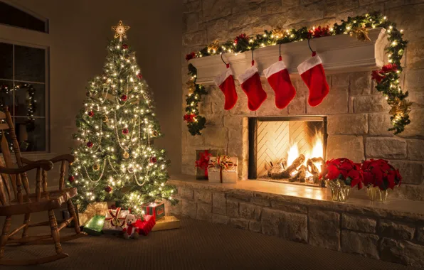 Lights, holiday, tree, new year, fireplace, garland