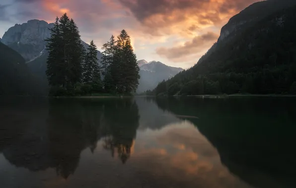 Picture forest, landscape, sunset, mountains, lake, reflection