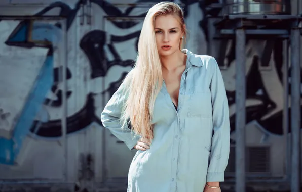 Picture look, girl, photo, blue, model, hair, blonde, shirt