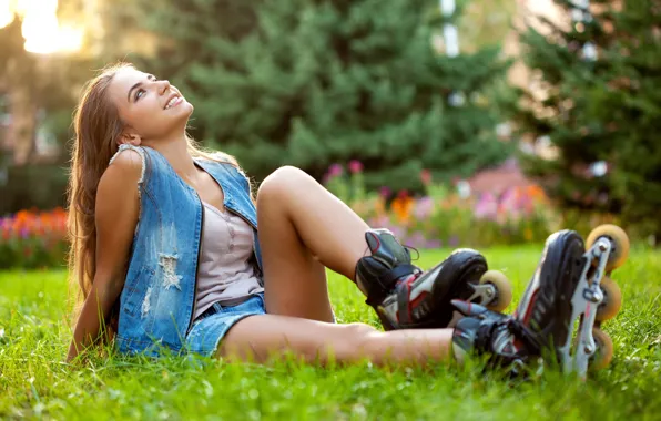 Picture greens, girl, trees, flowers, smile, lawn, skirt, makeup