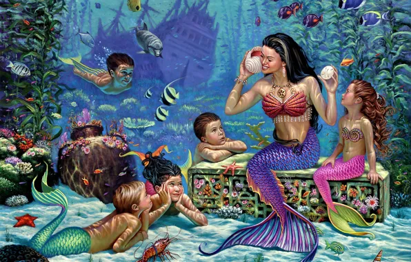 Picture fish, children, mermaid, the bottom of the sea, frigate, Wil Cormier