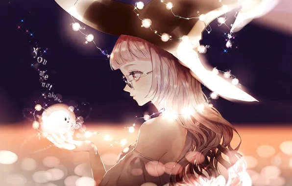 Picture girl, lights, hat, anime, art, glasses, garland, touhou