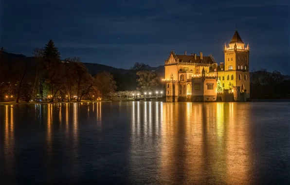 The sky, trees, mountains, night, lights, river, castle, shore