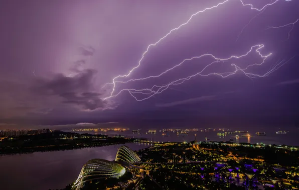 Picture the storm, night, the city, lightning, Singapore