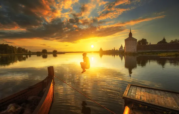 The sun, sunset, lake, jump, boat, the situation, boy, bathing