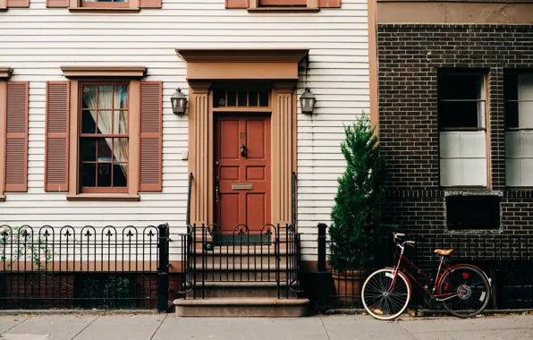 Bike, house, tree, street, the fence, the building, Windows, window