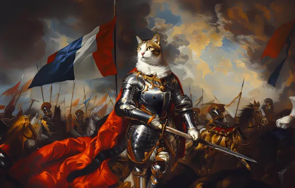 Cat, armor, flag, fantasy, knight, warriors, revolution, AI art