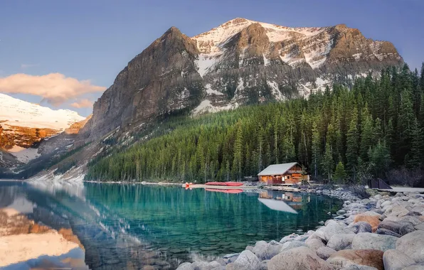 Forest, mountains, lake, stones, house
