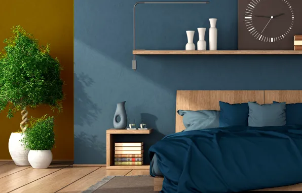 Design, style, room, watch, plant, interior, shades of blue, bedroom