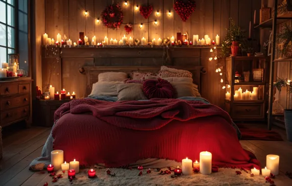 Decoration, love, flowers, room, holiday, romance, heart, bed