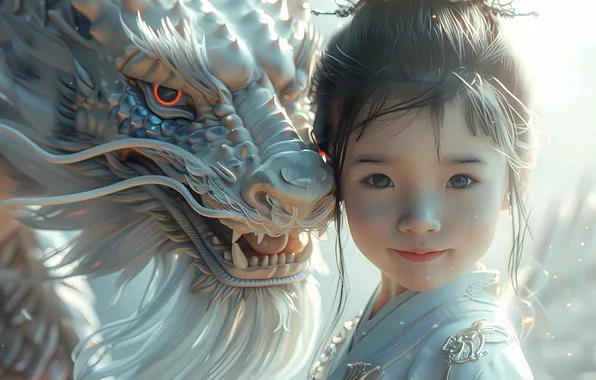 Face, pose, dragon, silver, fantasy, girl, Asian, Princess