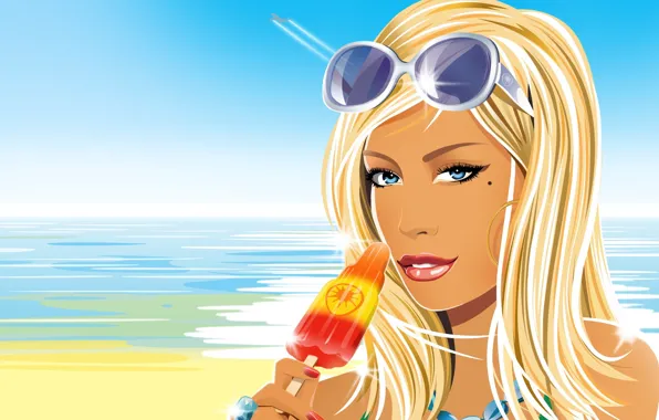 Picture sea, summer, vector, glasses, blonde, Ice cream