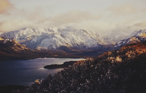 The sky, clouds, snow, mountains, lake, valley