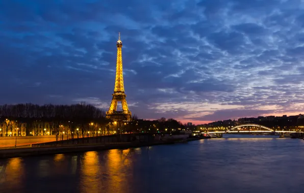 Night, lights, river, Eiffel tower, France, Paris, Paris