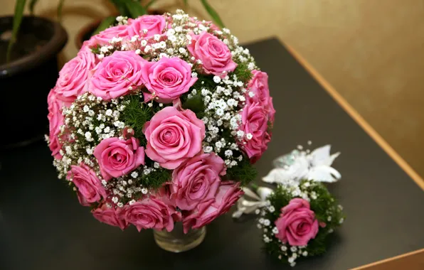 Picture romance, roses, bouquet, gentle, pink, wedding, beautiful, lovely