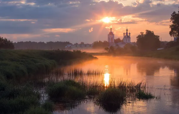 Picture the sky, grass, trees, sunset, reflection, river, beautiful, Church