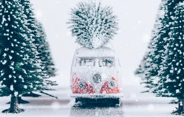 Winter, frost, road, machine, forest, snow, toy, toys