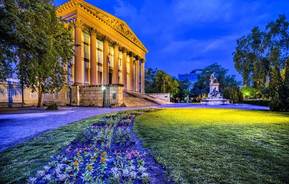 The sky, trees, flowers, night, lights, monument, columns, flowerbed