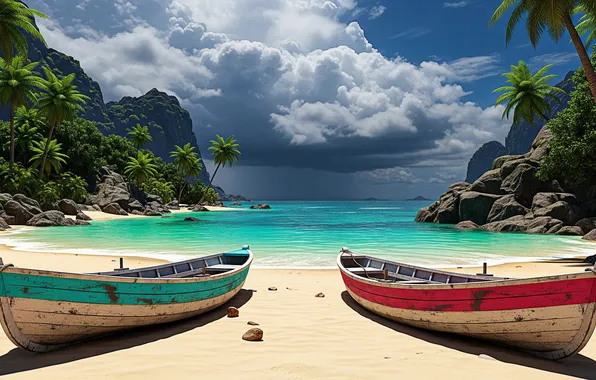 The sky, clouds, tropics, the ocean, Wallpaper, shore, boat, art