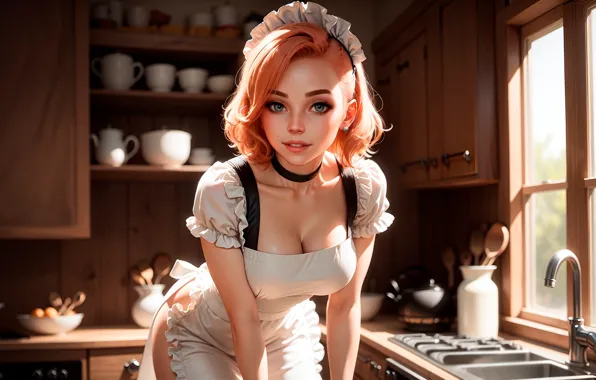 Chest, look, pose, sweetheart, crane, kettle, window, dishes