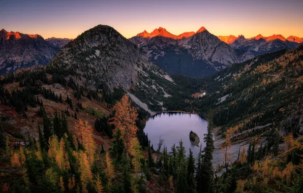 Forest, mountains, lake, the slopes, tops, view