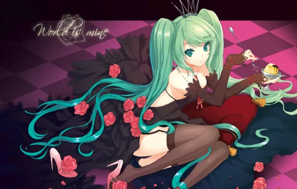 Picture roses, stockings, crown, lies, gloves, cake, vocaloid, hatsune miku