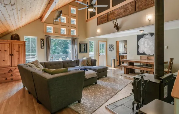 Interior, fireplace, living room, dining room, ranch, village house, The Rustic at Lake Wenatchee