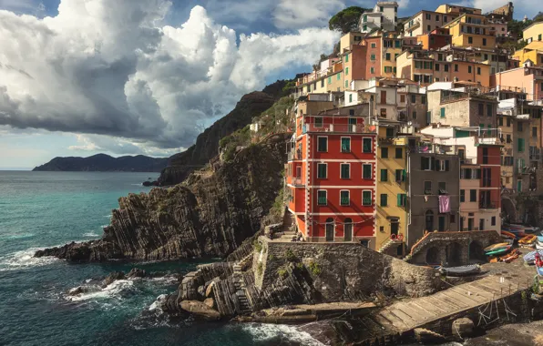 Picture sea, clouds, landscape, rocks, home, Italy, Riomaggiore, Cinque Terre