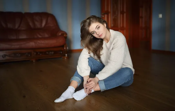 Look, girl, pose, feet, jeans, hands, on the floor, sweater