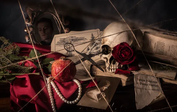 Skull, portrait, necklace, rope, book, still life, scissors, garnet