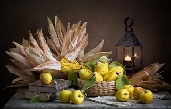 Picture the dark background, apples, food, corn, lantern, dishes, fruit, still life