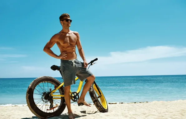 Picture sand, sea, beach, the sky, the sun, clouds, bike, pose