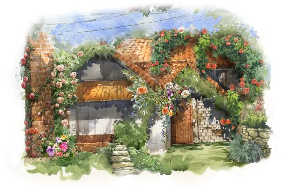 Picture flowers, figure, home, watercolor, painting