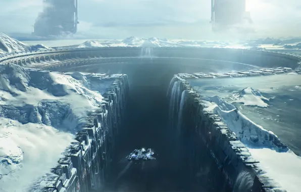 Wallpaper spaceship, fiction, The Grid, rocks, mountains, wall, construction, snow