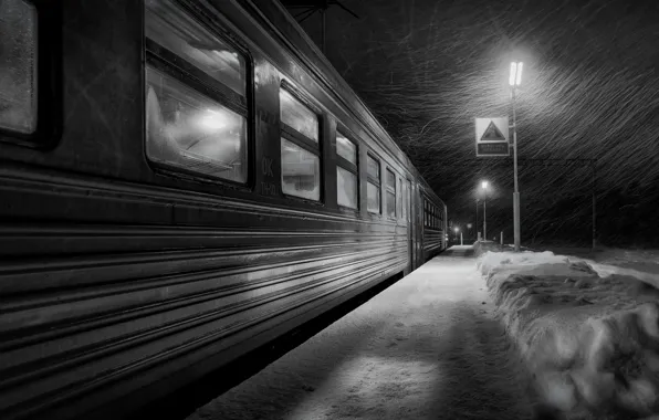 Winter, station, morning, the car, train, Blizzard