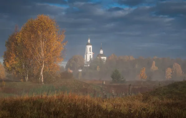 Autumn, landscape, nature, fog, village, morning, Church, Vitaly Levykin