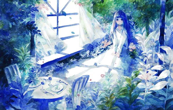 Girl, flowers, table, chairs, plants, anime, window, art