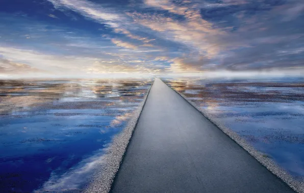 Picture road, the sky, water, clouds, landscape, reflection