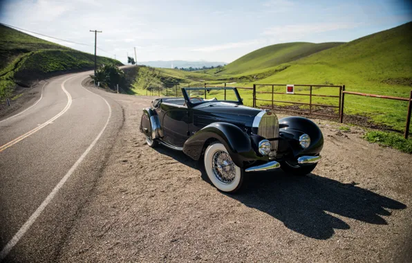 Road, retro, the fence, hill, Bugatti, Cabriolet, 1936, Stelvio