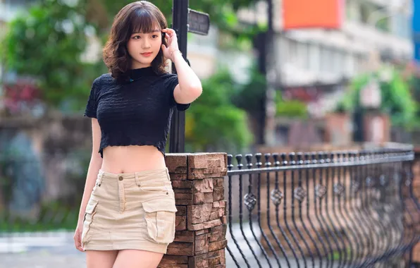 Girl, pose, skirt, fence, figure, Asian