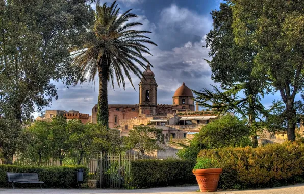 Picture trees, bench, the fence, Italy, Church, Italy, pot, Sicily