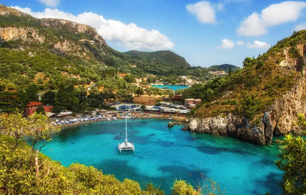 Picture mountains, rocks, Bay, yacht, Greece, Corfu, Paleokastritsa