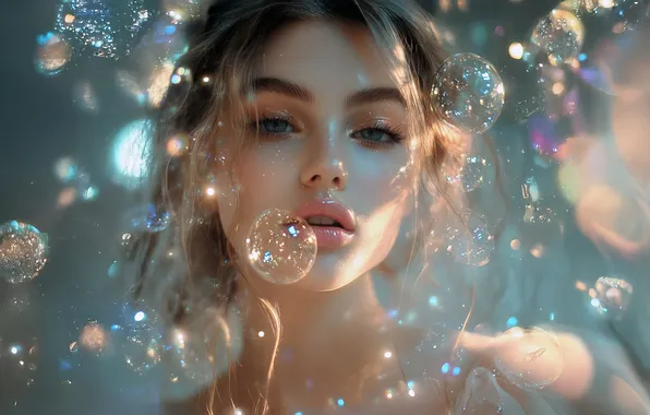 Look, girl, light, face, Shine, makeup, bubbles, brown hair