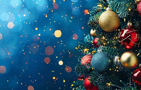 Balls, branches, lights, glare, Shine, sequins, blue, Christmas