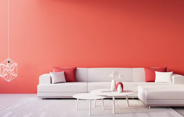 Design, style, interior, chandelier, sofa, living room, coral wall