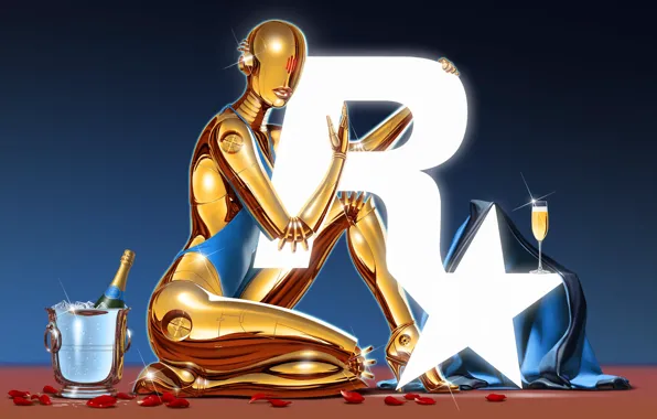 Glass, bottle, robot, ice, bucket, champagne, Rockstar Games