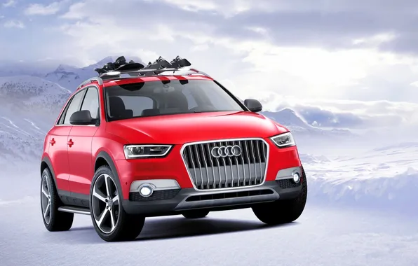 Audi, Red, Winter, Snow, Machine, Jeep, Lights, The front
