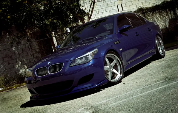 Trees, blue, wall, the fence, BMW, BMW, blue, E60
